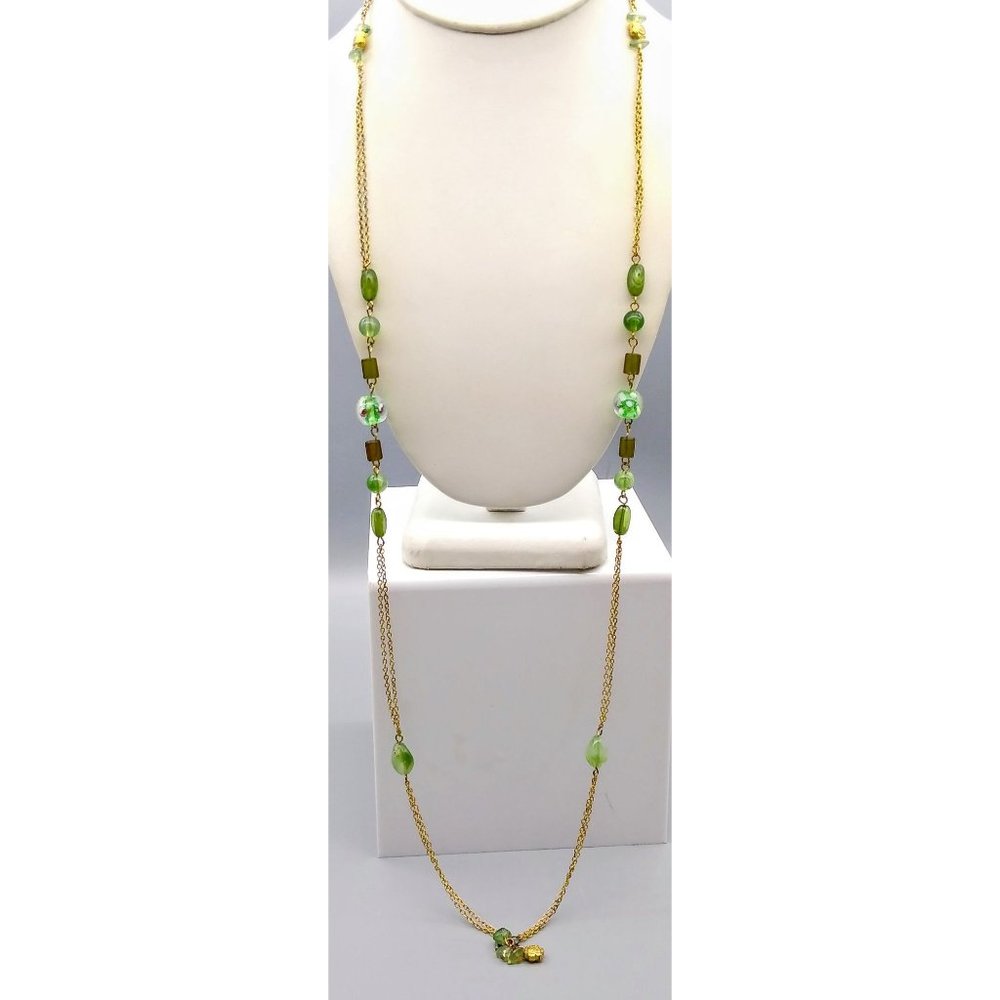 Vintage Double Strand Delicate Chain Necklace, Gold Tone with Green Art Glass